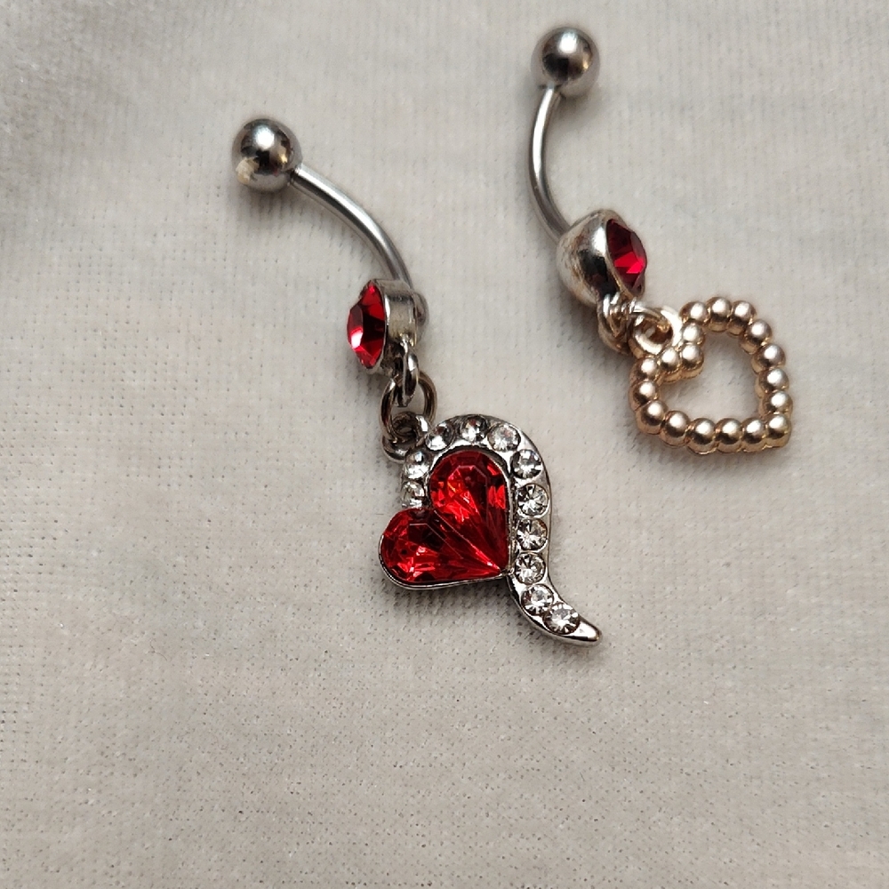 Elegant Red Heart and Crystal Belly Rings